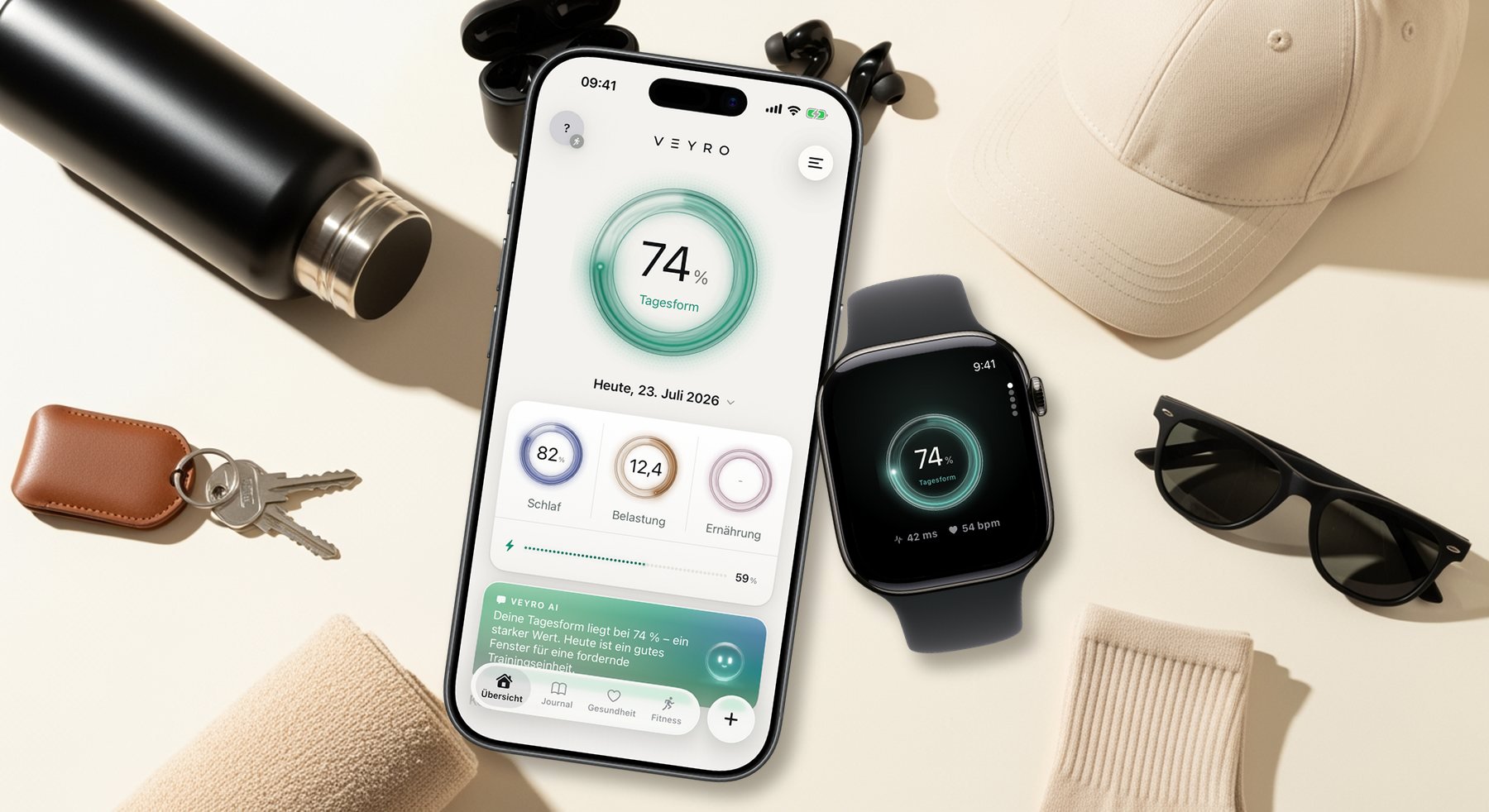 Veyro auf iPhone und Smartwatch zwischen Alltagsgegenständen